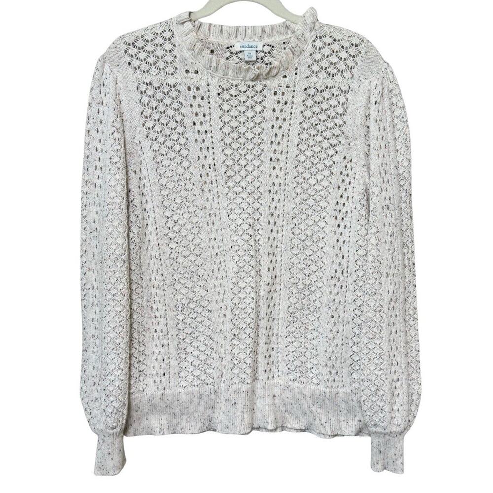 Sundance Pointelle Knit Sweater XL Cream Confetti Ruffle Neck Balloon Sleeve